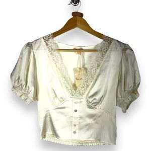 Hem & Thread Lace Trimmed Satin Cropped Smocked Romantic Top, Ivory, Size Small